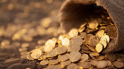 Poster - A burlap sack spilling shiny gold coins onto a surface creating a treasurelike scene of wealth and prosperity : Generative AI