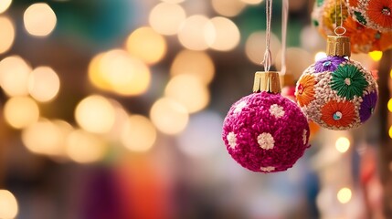Poster - Colorful embroidered ornaments hanging with soft bokeh lights creating a festive and cheerful vibe : Generative AI