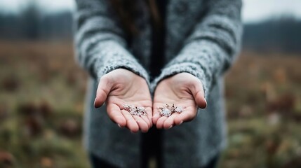 Poster - Woman holding delicate flowers in hands against a soft outdoor blurred background during chilly weather : Generative AI
