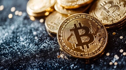Leinwandbilder - A close view of shiny golden Bitcoin coins representing the modern digital currency and investment trends in cryptocurrency : Generative AI