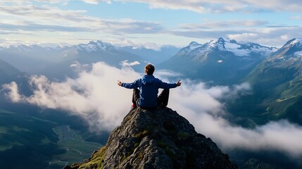 Aufkleber - A person sitting on a rocky cliff enjoying breathtaking mountain views under a cloudy sky : Generative AI
