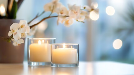 Poster - Spa Candles and Elegant White Orchids Creating a Relaxing Atmosphere in Cozy Setting : Generative AI