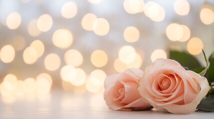 Poster - Two delicate pink roses with a shining bokeh background creating a romantic ambiance : Generative AI