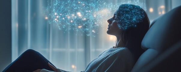 Fototapete - Woman relaxing with artificial intelligence network visual concept