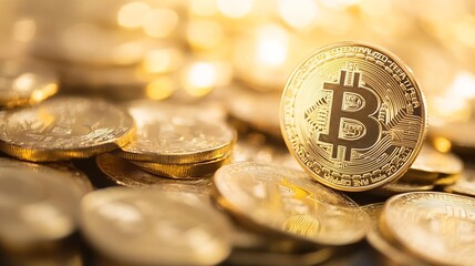 Leinwandbilder - Golden Bitcoin Coins Piled Together Representing Cryptocurrency and Digital Economy : Generative AI