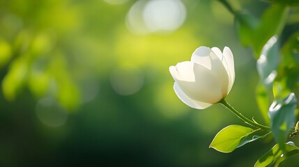 Poster - Delicate white flower blooming with soft sunlight illuminating its petals in a serene garden setting : Generative AI