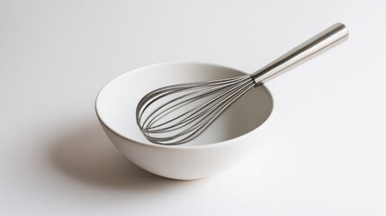 Poster - White bowl and whisk on white background, cooking prep