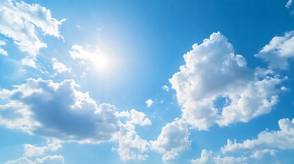 Poster - Bright blue sky filled with fluffy clouds and sunlight creating a serene atmosphere perfect for relaxation : Generative AI