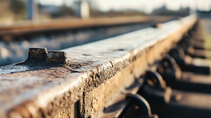 Poster - Close up of a rusty metallic railway track with detailed textures and soft natural light : Generative AI