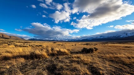 Poster - Vast Open Field Under a Dramatic Sky with Textured Clouds and Distant Mountains : Generative AI