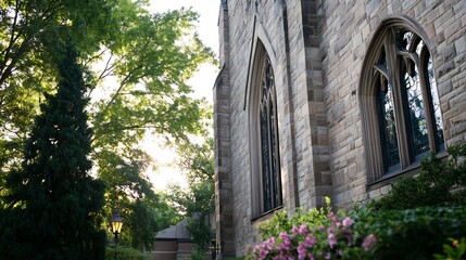 Aufkleber - Beautiful stone building with gothic architecture surrounded by green trees and flowers : Generative AI