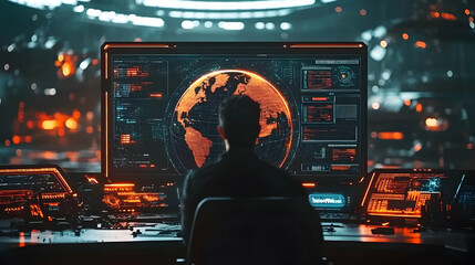 Poster - Global monitoring Man views Earth on screen