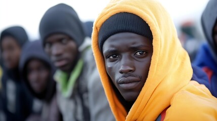 Poster - CloseUp Portrait of a Young Man Wearing a Bright Hoodie Amidst a Group in a Somber Setting : Generative AI