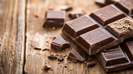 Aufkleber - CloseUp of HighQuality Dark Chocolate Bars and Pieces on Rustic Table and Textured Wood Background : Generative AI