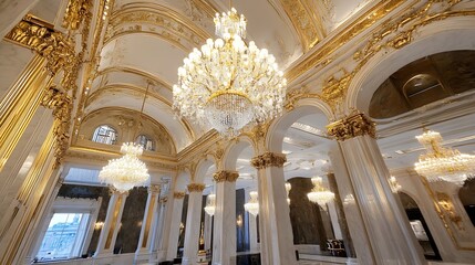 Poster - Stunning interior architecture with grand chandeliers and ornate details showcasing elegance and luxury : Generative AI