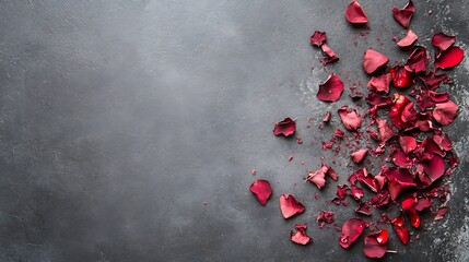 Poster - Scattered Red Rose Petals on Dark Gray Surface Creating a Romantic and Elegant Atmosphere for Celebrations : Generative AI