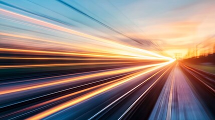 Poster - Dynamic light trails showcasing a vibrant sunset over railway tracks creating a sense of motion and speed : Generative AI