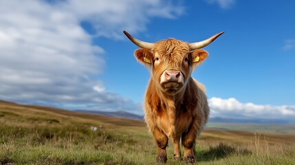 Poster - Curious Highland Cow Gazing at Camera in Expansive Green Landscape Under Bright Blue Sky : Generative AI