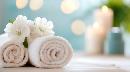 Poster - Serene spa setting with rolled towels and beautiful flowers creating a calming atmosphere for relaxation : Generative AI