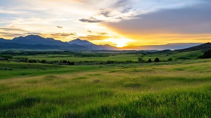Poster - Breathtaking Sunset Over Lush Green Valleys and Majestic Mountains in the Background : Generative AI