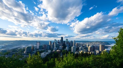 Poster - Panoramic Cityscape of Seattle with Dynamic Clouds and Lush Green Trees Under a Clear Blue Sky : Generative AI