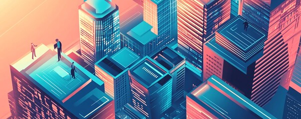 Poster - Businesspeople communicating above isometric city with modern architecture