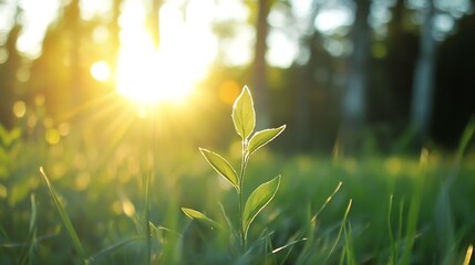 Aufkleber - Young green plant sprouting towards the sunlight amidst a glowing natural background of lush grass and trees : Generative AI