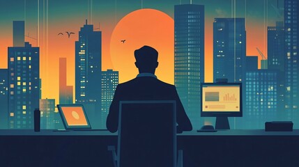 Poster - Businessman working late at night in office with cityscape view illustration