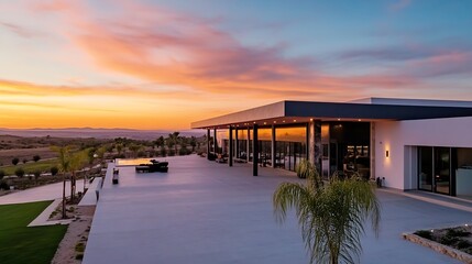 Poster - Stunning modern architecture of a luxury home against a vibrant sunset sky : Generative AI