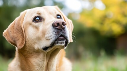 Poster - Close Up Portrait of a Loyal Labrador Dog Looking Up with Gentle Eyes : Generative AI