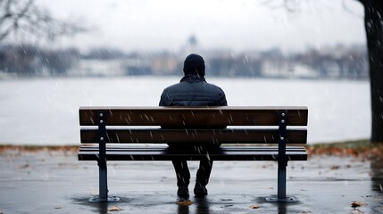 Aufkleber - Lonely Person Sitting on Park Bench Overlooking a Serene Body of Water in Chill Weather : Generative AI
