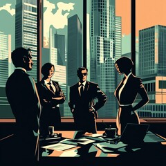 Aufkleber - Business people having a meeting in a boardroom with cityscape view