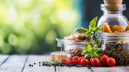 Poster - Fresh Ingredients Displayed in Glass Containers on a Wooden Table Representing Healthy Cooking and Cuisine : Generative AI