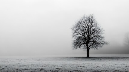 Poster - Lonely tree in a foggy landscape showcasing nature's beauty in black and white photography : Generative AI