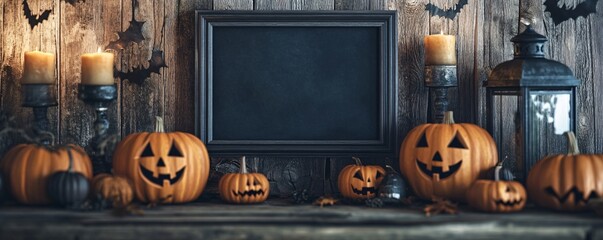 Poster - Rustic halloween setting with pumpkins, blackboard, and burning candles