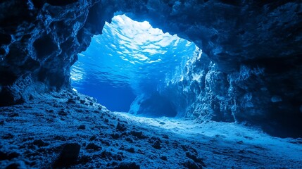 Poster - Stunning underwater cave with sunlight streaming through creating a mesmerizing blue ambiance : Generative AI