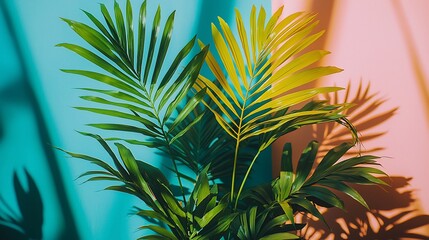 Poster - Tropical plant, pastel background, sunlight, shadows, interior decor