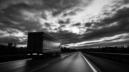 Aufkleber - Heavy Truck Driving on an Empty Highway Under Dramatic Cloudy Sky : Generative AI