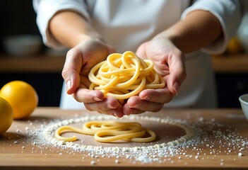 Closeup of chef's hands holding fresh homemade pasta noodles for food preparation in the kitchen