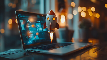 Poster - Rocket launching from laptop screen, cafe setting