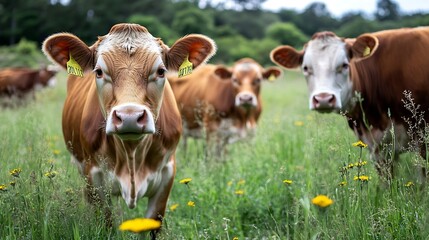 Poster - Three Curious Brown Cows Grazing in a Vibrant Meadow with Wildflowers Under a Blue Sky : Generative AI