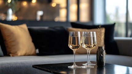 Aufkleber - Elegant setting with two glasses of sparkling wine on a dark coffee table against a cozy modern living room backdrop : Generative AI