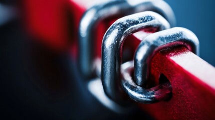 Poster - Closeup detailed shot of interlocked metallic chains on a vibrant red background : Generative AI