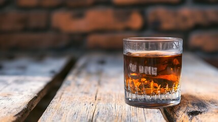 Aufkleber - Delicious amber whiskey in a classic glass on rustic wooden table background : Generative AI