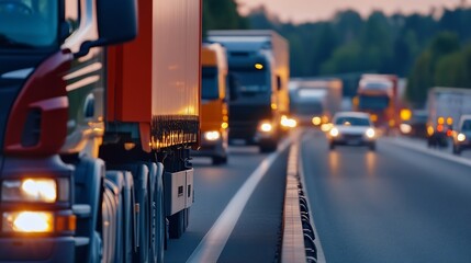 Aufkleber - dynamic view of busy highway filled with trucks and cars during twilight in an urban setting : gener