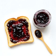 Wall Mural - A slice of bread spread with mulberry jam, a mulberry jam in glass jar and a wooden spoon isolated on white background, food and snack	