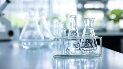 Aufkleber - Scientific glassware collection featuring various flasks and beakers on a lab table with blurred background : Generative AI