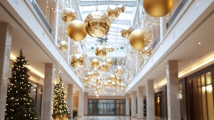 Poster - Elegant Christmas decorations with golden ornaments and shimmering lights in a spacious indoor area : Generative AI