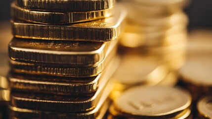 Poster - Piles of Shiny Gold Coins Stacked Neatly in a Wealth Display CloseUp : Generative AI