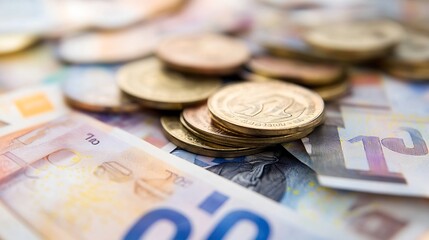 Poster - Diverse assortment of currency notes and coins symbolizing financial transactions and economic exchange : Generative AI